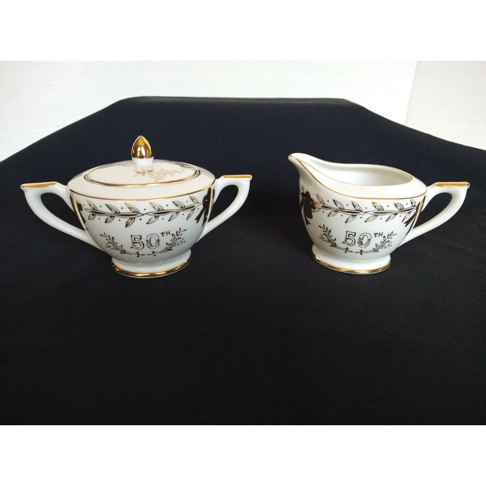 Vintage Lefton China Golden 50th Anniversary Gift Set Creamer & Sugar Bowl W/Lid